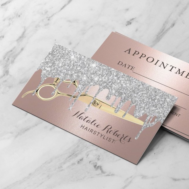 Hair Salon Rose Gold & Silver Drips Appointment Card (Creator Uploaded)