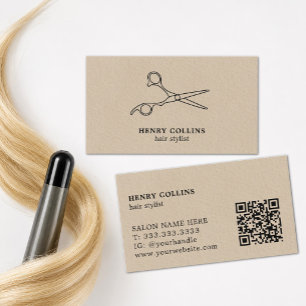 Hair Salon Scissors Beige Kraft Paper Qr Code Business Card