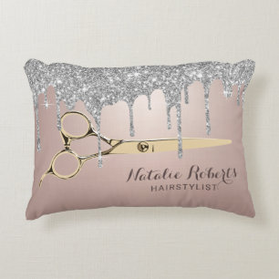 Hair Salon Silver Glitter Drips Gold Scissor Accent Pillow