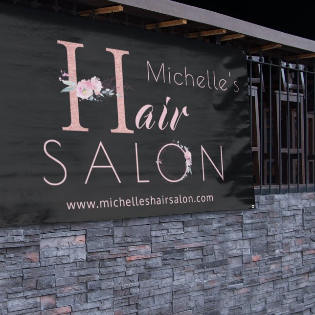 Hair salon stylist name pink floral glitter black banner (Creator Uploaded)