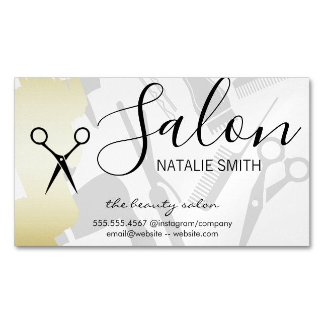 Hair Salon Tools and Gold Brushed Magnetic Business Card (Front)