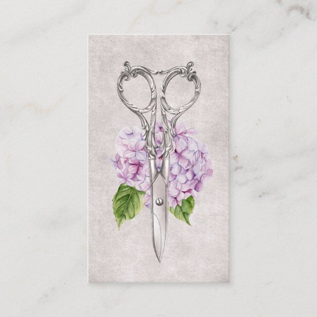 Hair Stylist Antique Scissor & Purple Flower Business Card (Front)