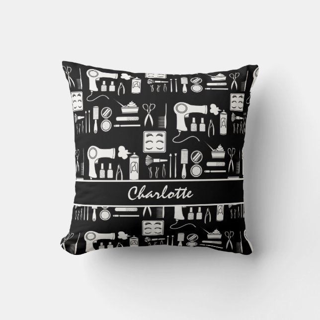 Hair Stylist Beauty Salon Black White Pattern Throw Pillow (Front)