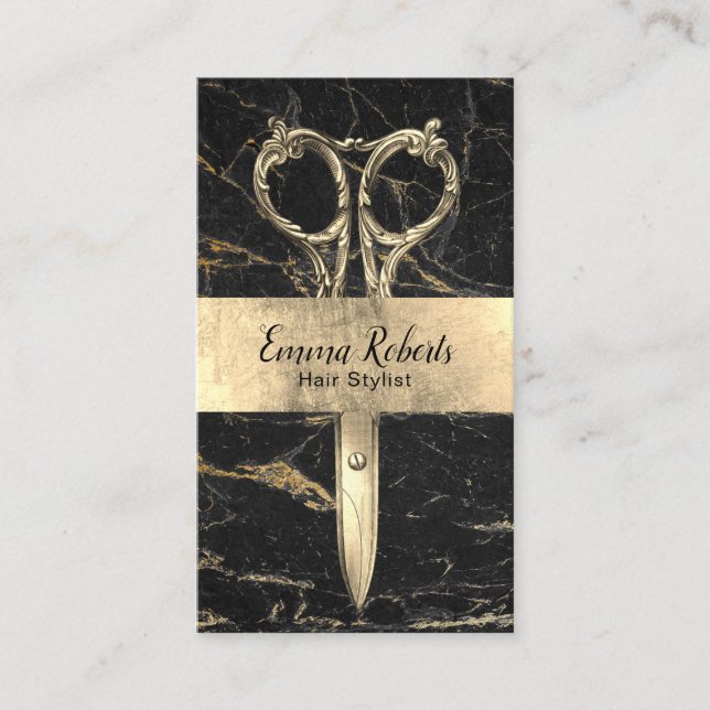 Hair Stylist Black & Gold Marble Salon Appointment Card (Front)