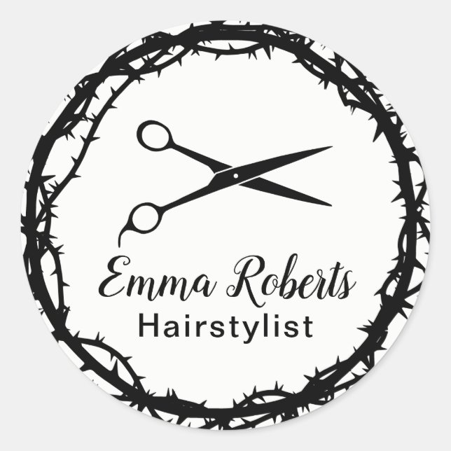 Hair Stylist Black Scissor Chic Thorn Framed Classic Round Sticker (Front)