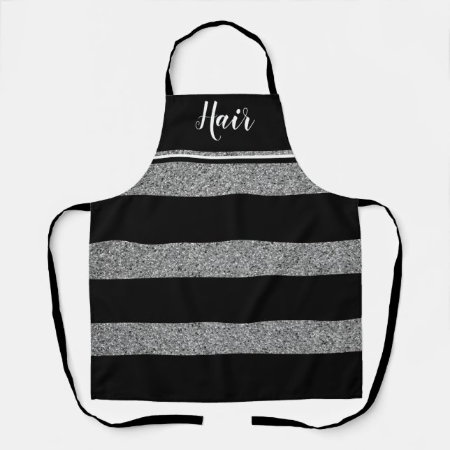 Hair Stylist Black Silver Glitter Striped Stylish Apron (Front)
