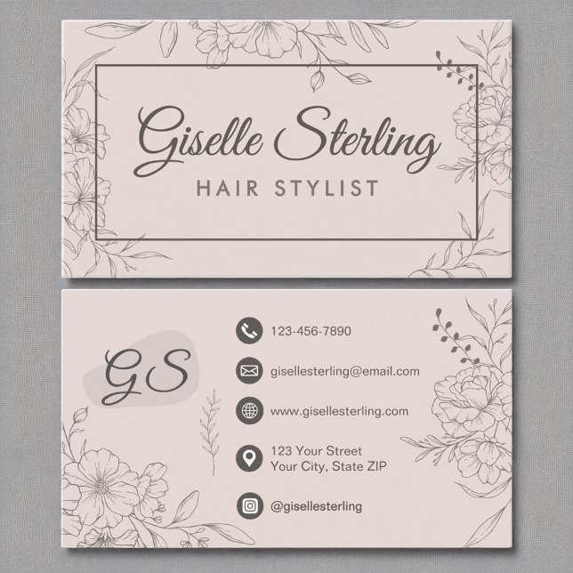 Hair Stylist Blush Pink Floral Line Art Script Business Card (Creator Uploaded)