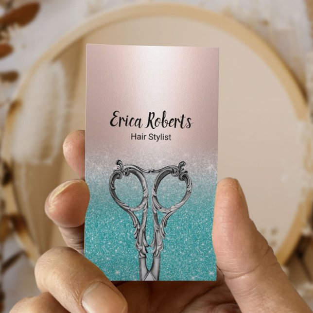 Hair Stylist Blush Rose Gold & Aqua Teal Business Card (Creator Uploaded)