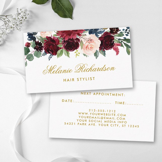 Hair Stylist Burgundy Blue Floral Appointment Card (Customize to change text size, color or text style.)