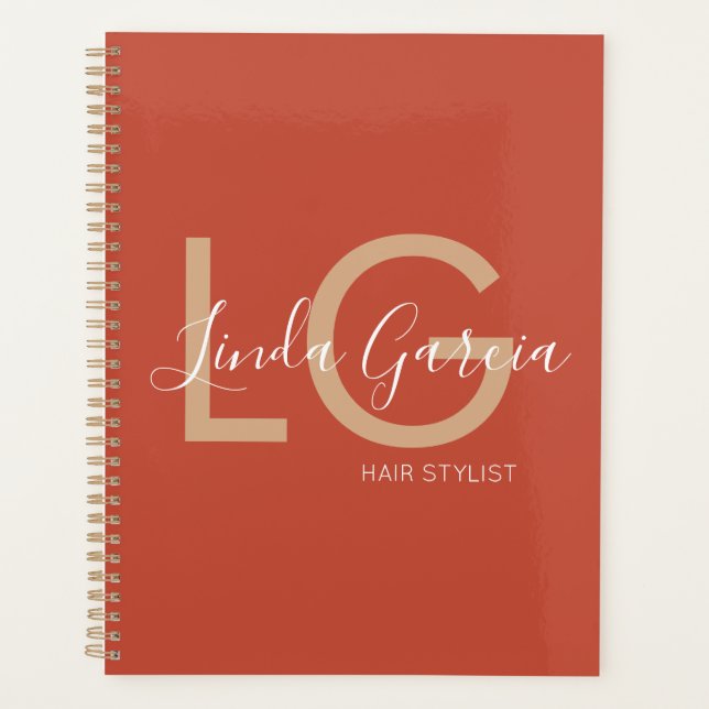  Hair Stylist Burnt Orange Beige Monogrammed      Planner (Front)