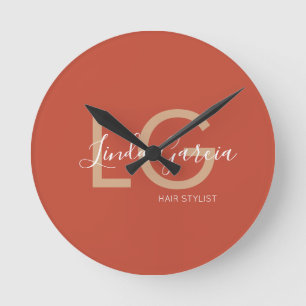 Hair Stylist Burnt Orange Beige Monogrammed Round Clock