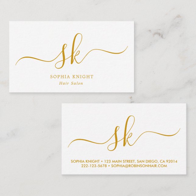 Hair Stylist Custom Monogram Gold Script Business Card (Front/Back)