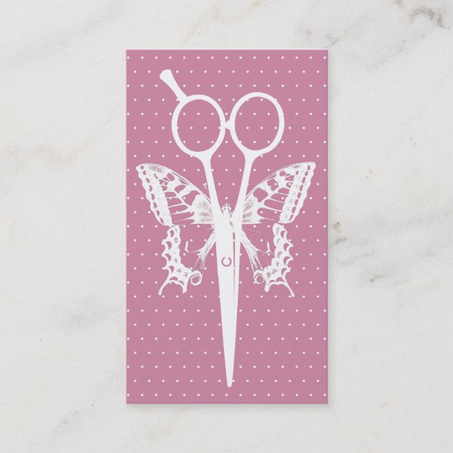 Hair Stylist Cute Dots Scissor & Butterfly Pink Business Card (Front)