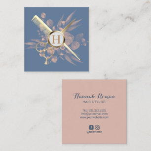 Hair Stylist Dusty Blue & Pink Botanical Salon Square Business Card