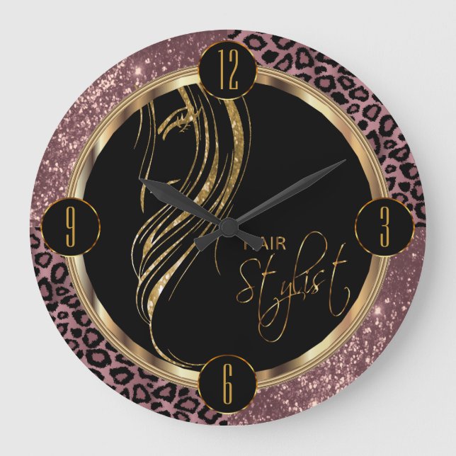 Hair Stylist Dusty Rose Glitter and Leopard Print Large Clock (Front)
