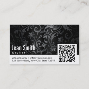 Hair Stylist Elegant Black & White Floral QR Code Business Card