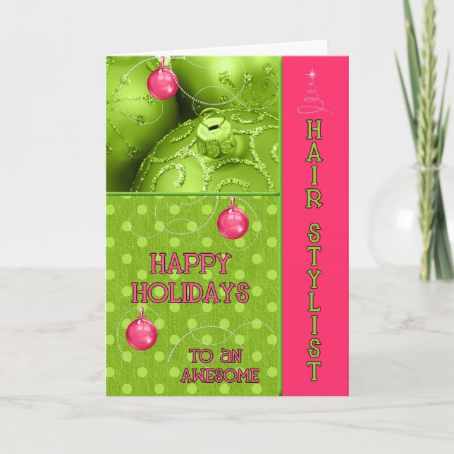 Hair Stylist Funky Pink and Green Holiday Card (Front)