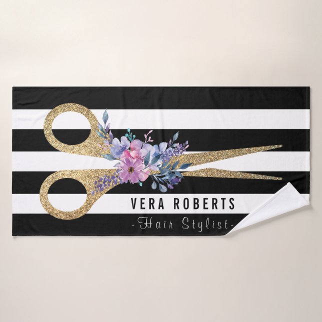 Hair Stylist Glitter Scissor Floral Beauty Salon Bath Towel (Bath Towel)
