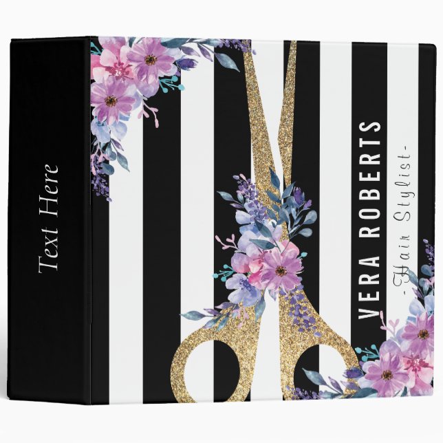 Hair Stylist Glitter Scissor Striped Floral Binder (Front/Spine)