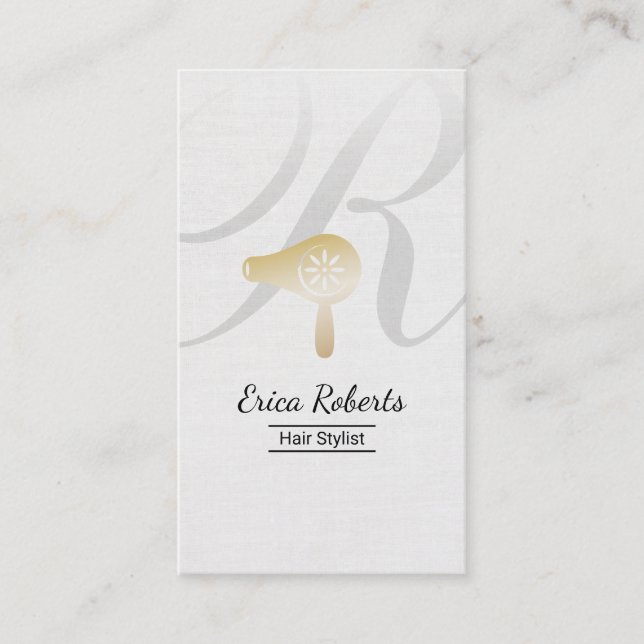 Hair Stylist Gold Blow Dryer Elegant Script Salon Business Card (Front)