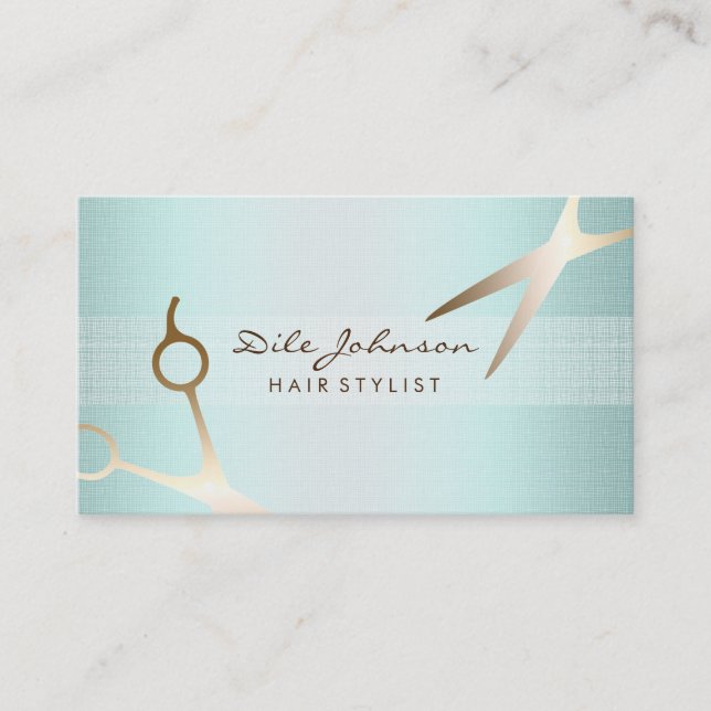 Hair Stylist Gold Glitter Saloon Linen Sea Blue Business Card (Front)
