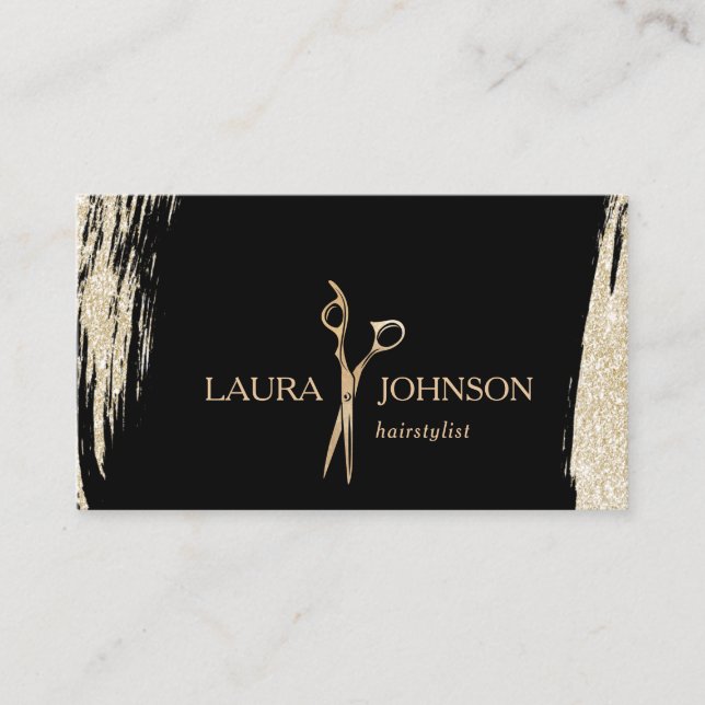Hair Stylist  Gold Glitter Splatter Scissors Business Card (Front)
