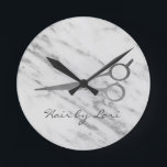 Hair Stylist Gold Marble Scissors Personalized Rou Round Clock<br><div class="desc">This design was created though digital art. It may be personalized in the area provided by changing the photo and/or text. Or it can be customized by choosing the click to customize further option and delete or change the colour the background, add text, change the text colour or style, or...</div>