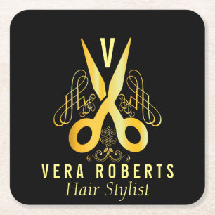 Hair Stylist Gold Scissor & Beauty Salon Business Square Paper Coaster