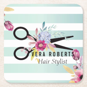 Hair Stylist Gold Scissor & Beauty Salon Floral Square Paper Coaster