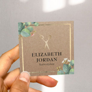 Hair Stylist Gold Scissor Botanical Rustic Kraft Square Business Card