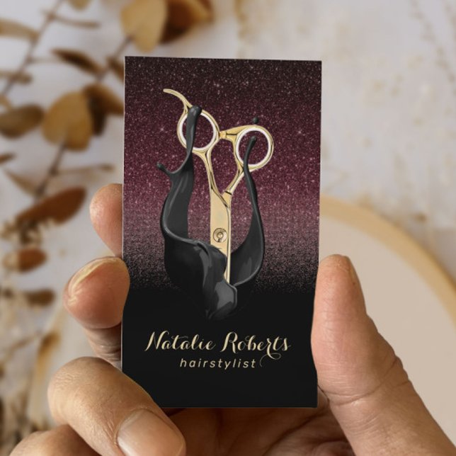 Hair Stylist Gold Scissor Burgundy Red Black Ombre Business Card (Creator Uploaded)