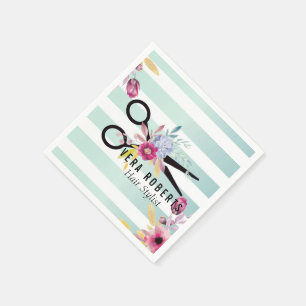 Hair Stylist Gold Scissor Floral Striped Napkin