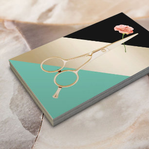 Hair Stylist Gold Scissor & Flower Modern Stripes Business Card