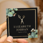 Hair Stylist Gold Scissor Salon Vintage Botanical Square Business Card<br><div class="desc">Hair Stylist Gold Scissor Salon Vintage Botanical Foliage Black Business Cards.</div>
