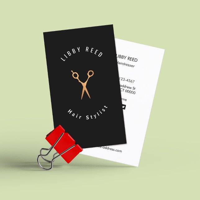  Hair Stylist Gold Scissors Simple Modern Black Business Card (Creator Uploaded)