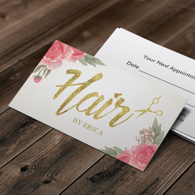 Hair Stylist Gold Script Classy Floral Appointment Card (Creator Uploaded)