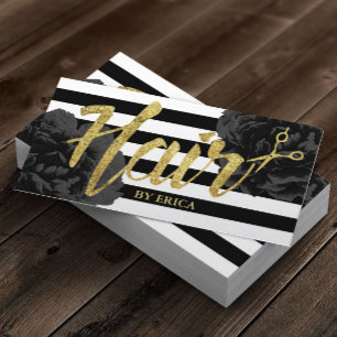 Hair Stylist Gold Script Modern Black Floral Business Card