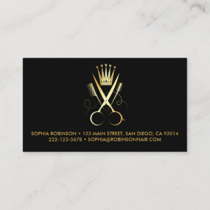 Hair Stylist Gold Script Scissors Comb Crown Business Card