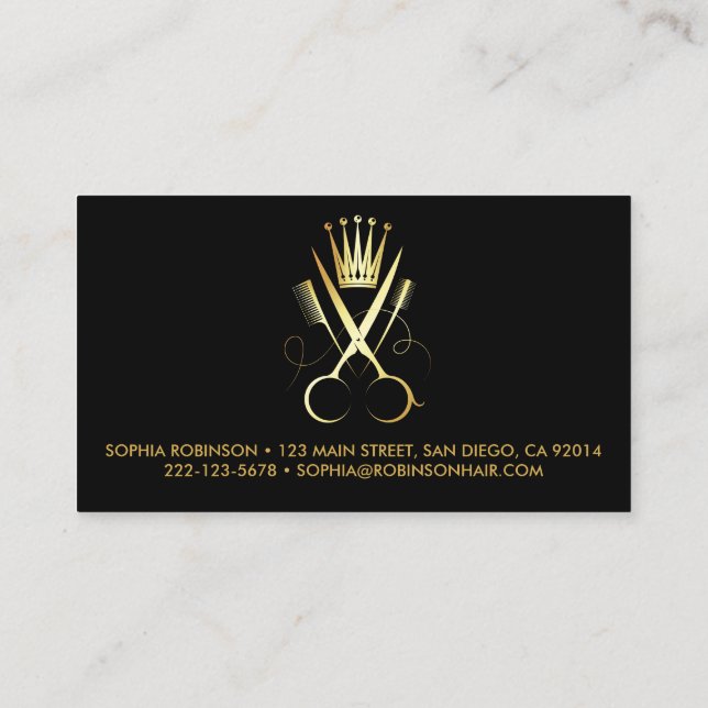Hair Stylist Gold Script Scissors Comb Crown Business Card (Back)