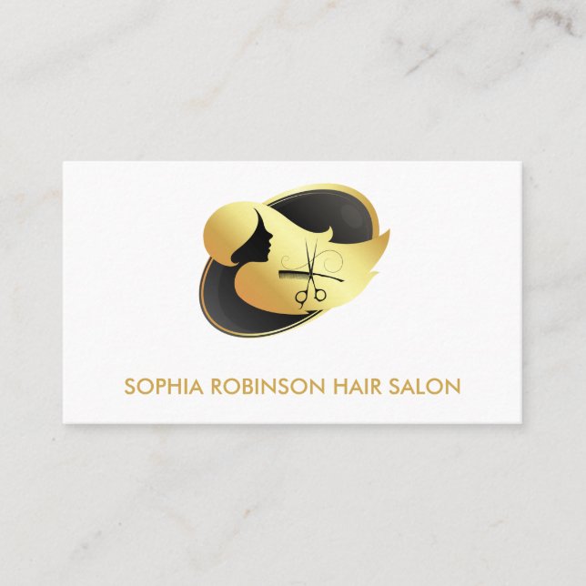 Hair Stylist Gold Script Scissors Comb Custom Business Card (Front)