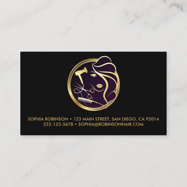 Hair Stylist Gold Script Scissors Comb Dryer Business Card (Back)