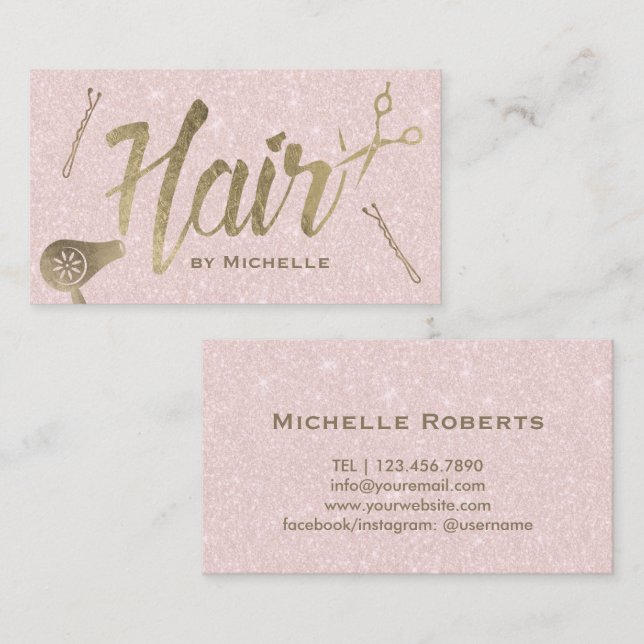 Hair Stylist Gold Typography Blush Pink Glitter Business Card (Front/Back)