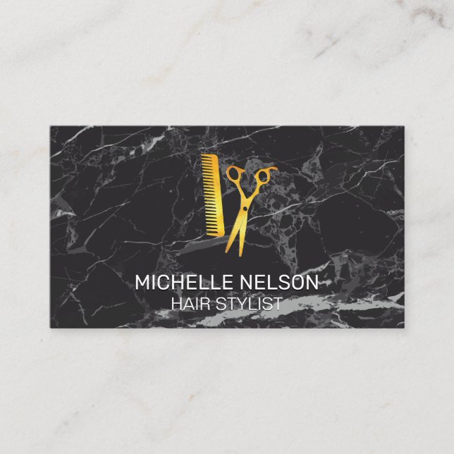 Hair Stylist | Golden Shears Comb | Black Marble Business Card (Front)