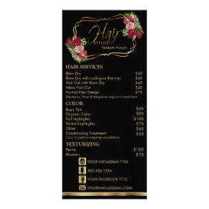 Hair Stylist in a Black & Red Floral-  Price List Rack Card