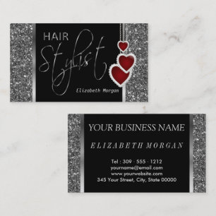Hair Stylist in a Silver Glitter and Heart Chain Business Card