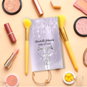 Hair Stylist Lavender Drip Glitter Silver Scissors Business Card