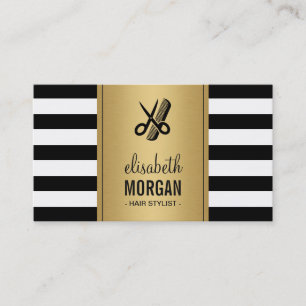 Hair Stylist Logo Elegant Gold Black White Stripes Business Card