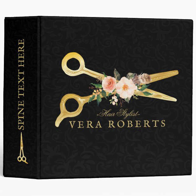 Hair Stylist Luxury Gold Scissors black Damask Binder (Front/Spine)