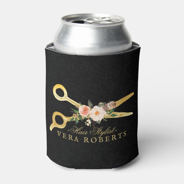 Hair Stylist Luxury Gold Scissors Personalized Can Cooler (Can Front)
