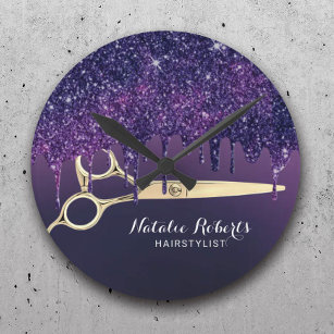Hair Stylist Magic Purple Glitter Drips Salon  Round Clock